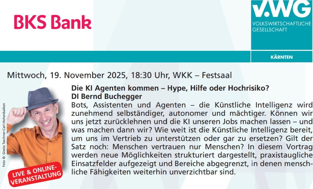 Ankündigung VGK Vortrag "Die KI Agenten kommen" von Bernd Buchegger am 19.11.2025